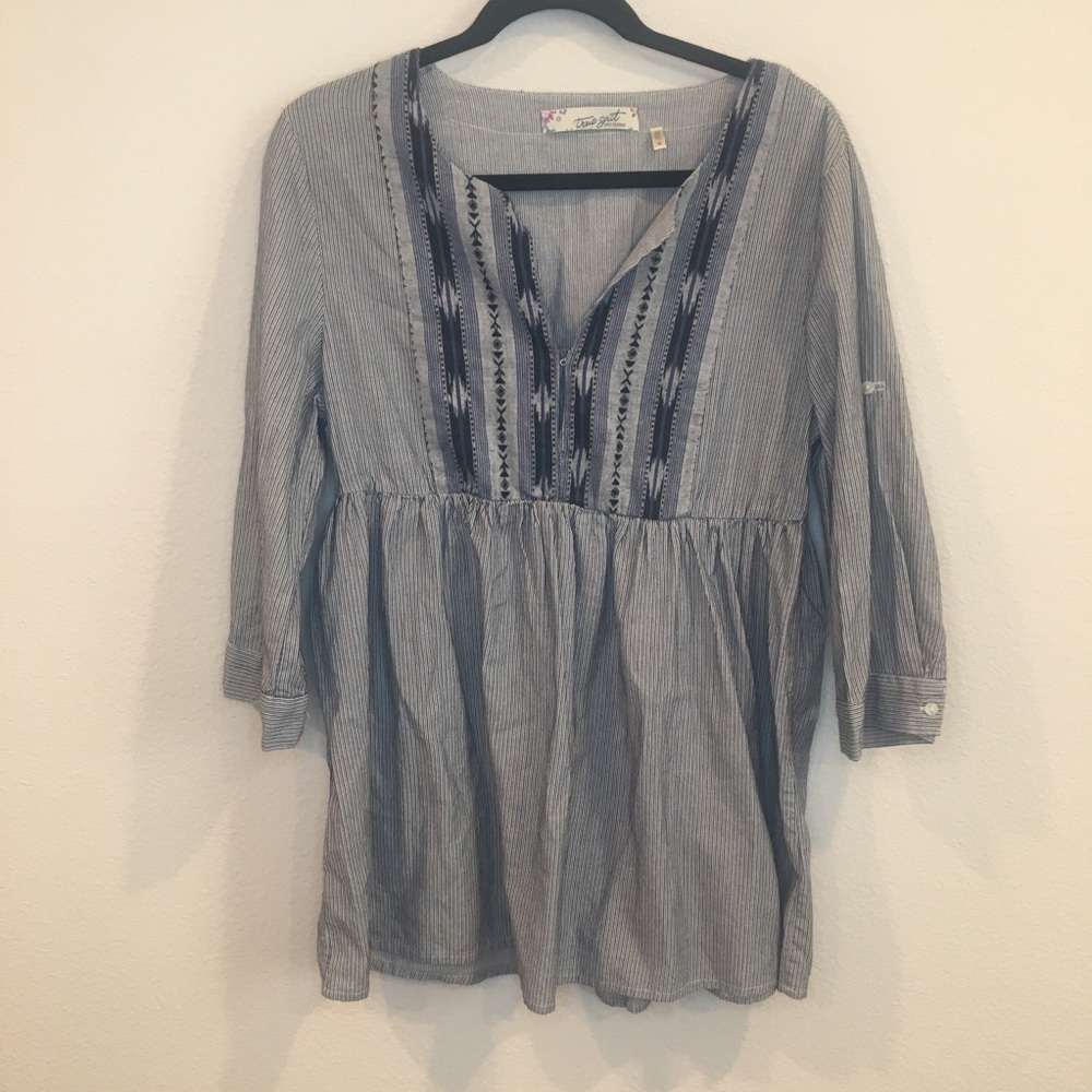 True Grit dry good blue stripe embroidered tunic m